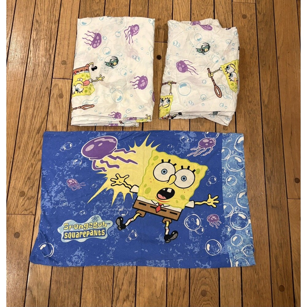 SpongeBob Squarepants Twin Sheet Set VTG Y2K Jellyfishing Squidward